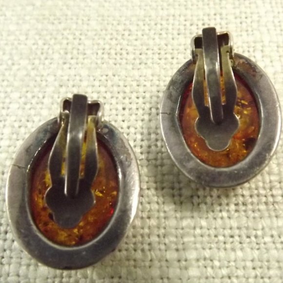 Vintage Amber and 925 Silver Clip On Earrings - Picture 2 of 5